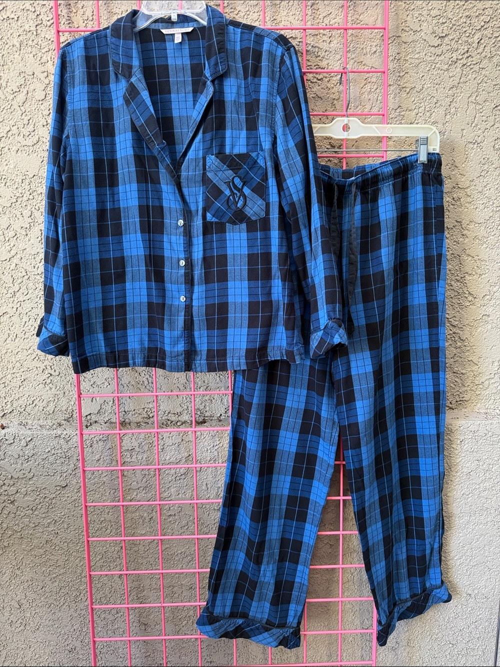 Vintage Victoria's Secret Blue & Black Plaid Pajama Set - Button-Up Top & Pants